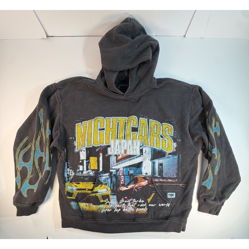 PacSun Nightcars Japan Graphic Hoodie Washed Black Flame Sleeve Streetwear L